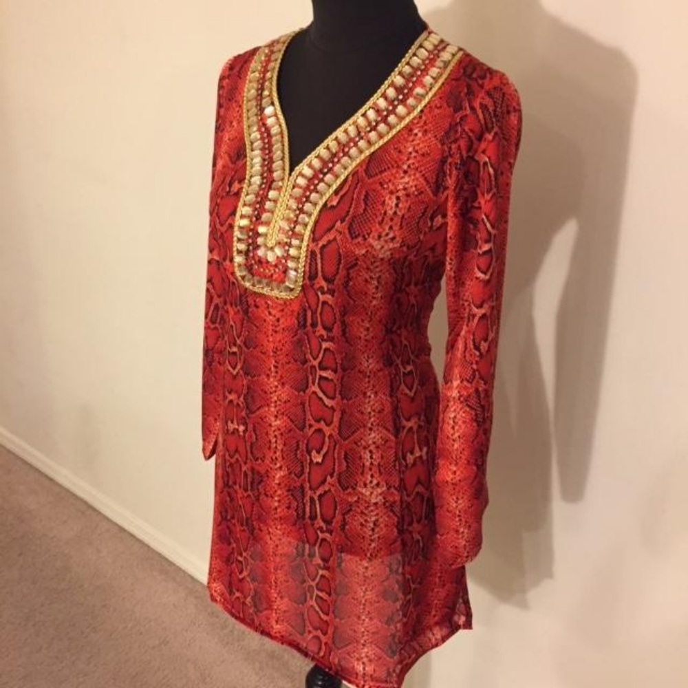 IMAN Orange & Black Jeweled V-Neckline w/Gold Piping Tunic Top Blouse SMALL NWT - Picture 4 of 8